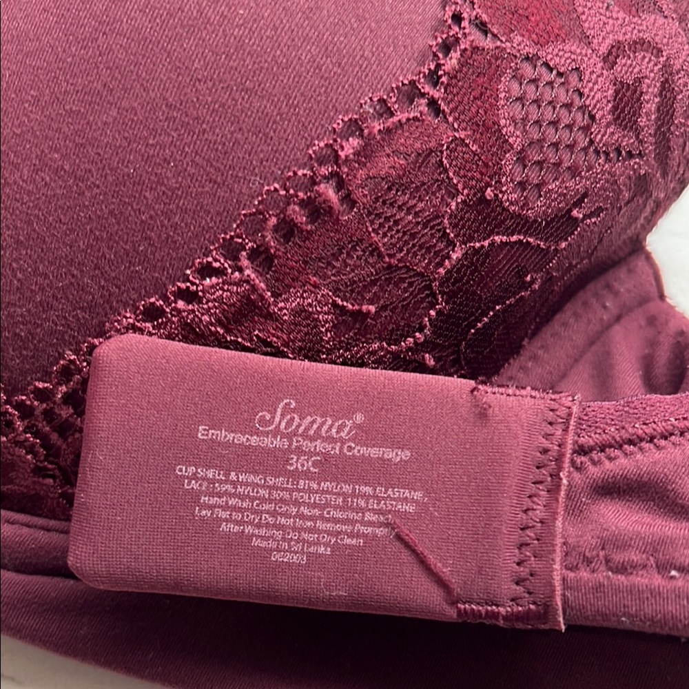 Soma Embraceable Perfect Coverage Underwire Bra Size 36C Burgundy